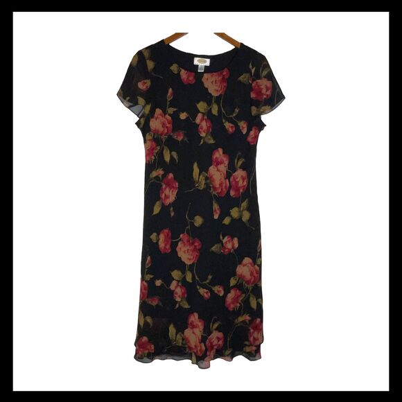 Vintage Talbots 16P Silk Floral Print Sheath Dress Black Red Midi 90s Cocktail - Picture 1 of 12